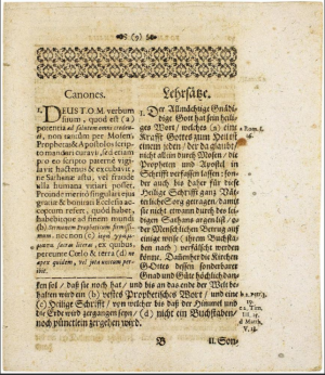 Il primo dei 26 canoni nell'esemplare della Formula Consensus del 1675, stampato in latino e in tedesco attorno al 1710 a Zurigo (Staatsarchiv Zürich, C I, Nr. 3414)